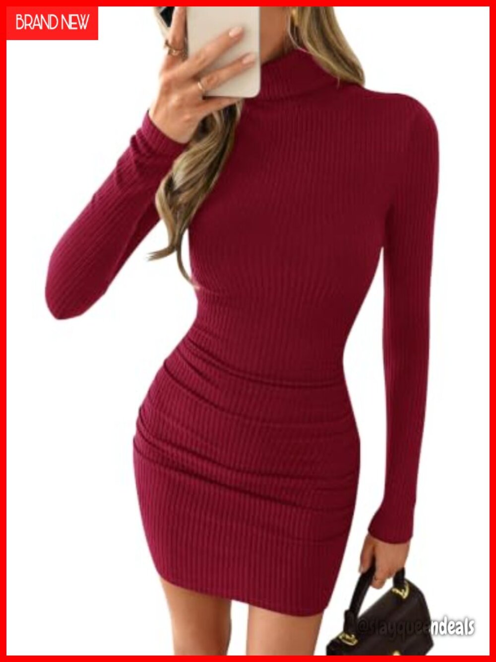 Womens Long Sleeve Bodycon Mini Sweater Dress Ruched Turtleneck